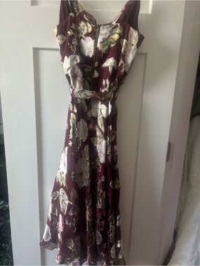 Alice + Olivia Burgundy Floral Midi Dress with Cream and Gold Blooms